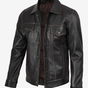 Alternative view of Men's Distressed Brown Leather Trucker Jacket