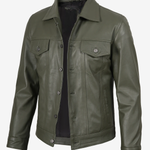 Alternative view of Men's Four Pockets Olive Green Trucker Leather Jacket