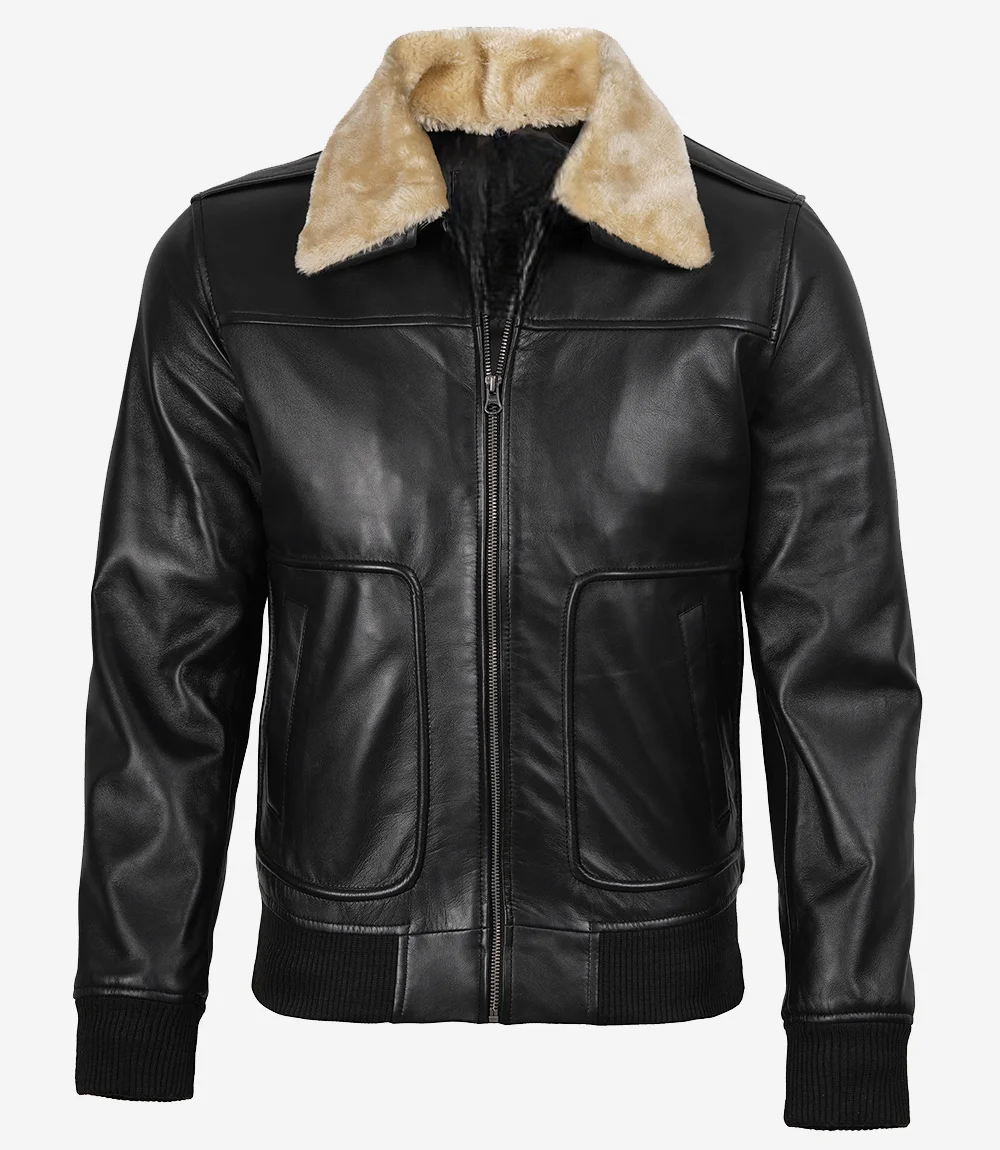 Men's Fur Collar Black Bomber Leather Jacket - Image 3