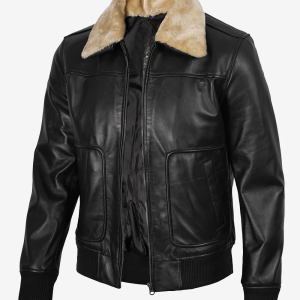 Men's Fur Collar Black Bomber Leather Jacket