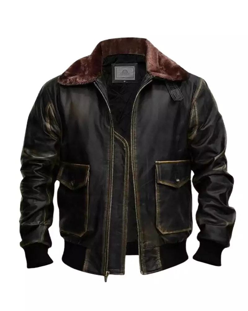 Mens G-1 Flight Distressed Black Aviator Jacket - Image 5