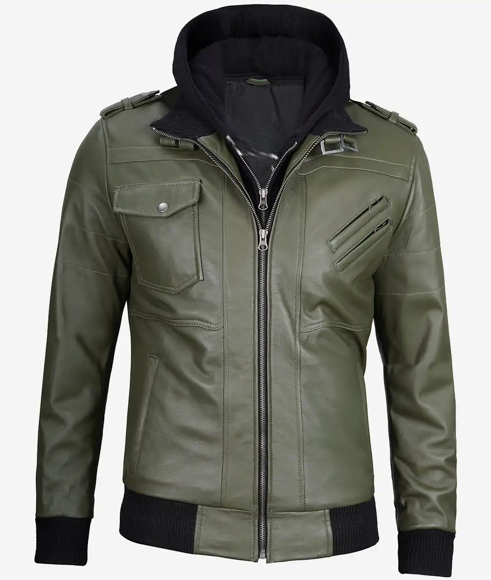 Men's Olive Green Bomber Leather Jacket - Image 2