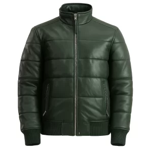 Men’s Green Bomber Puffer Leather Jacket