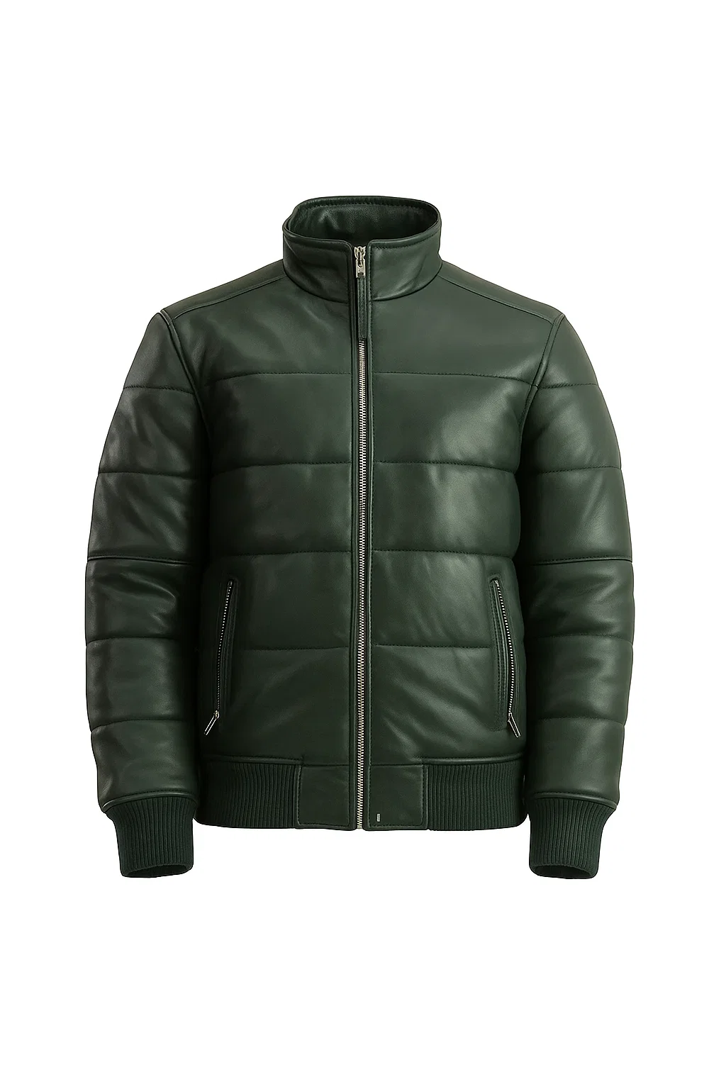 Men’s Green Bomber Puffer Leather Jacket