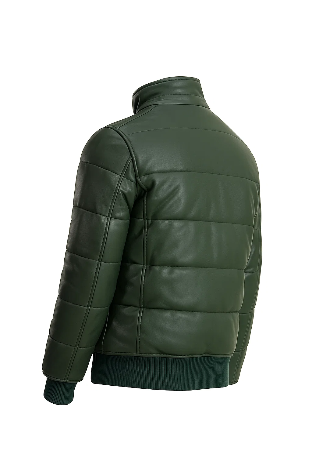 Men’s Green Bomber Puffer Leather Jacket - Image 3
