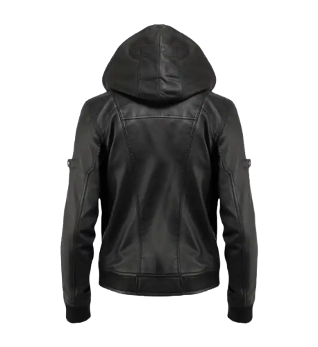 Men’s Hooded Black Leather Jacket - Image 2