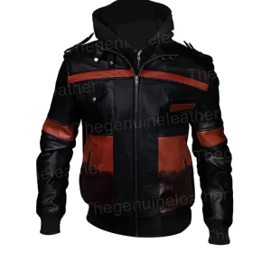 Mens Hoodie Bomber Leather Jacket