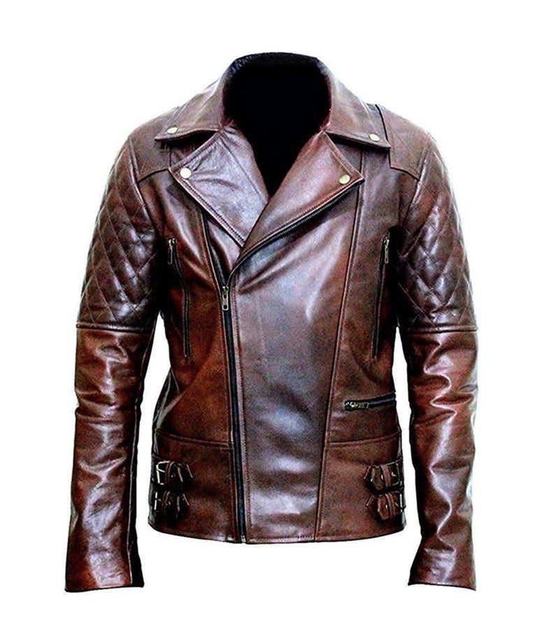 Mens Motorcycle Distressed Brown Jacket - Image 4