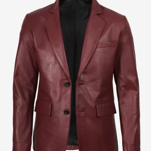 Men's Notch Lapel Maroon Leather Blazer