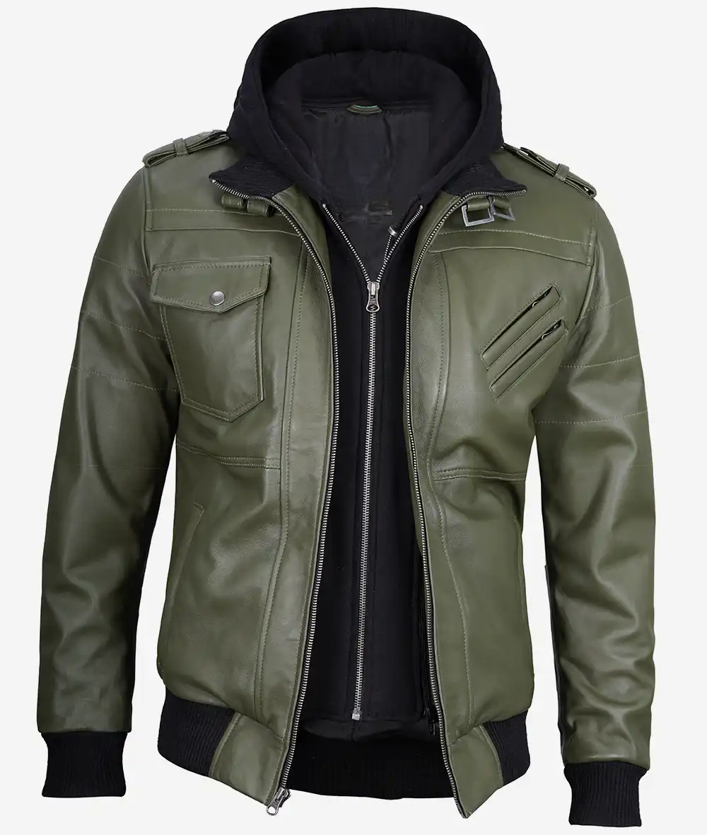 Men's Olive Green Bomber Leather Jacket - Image 4