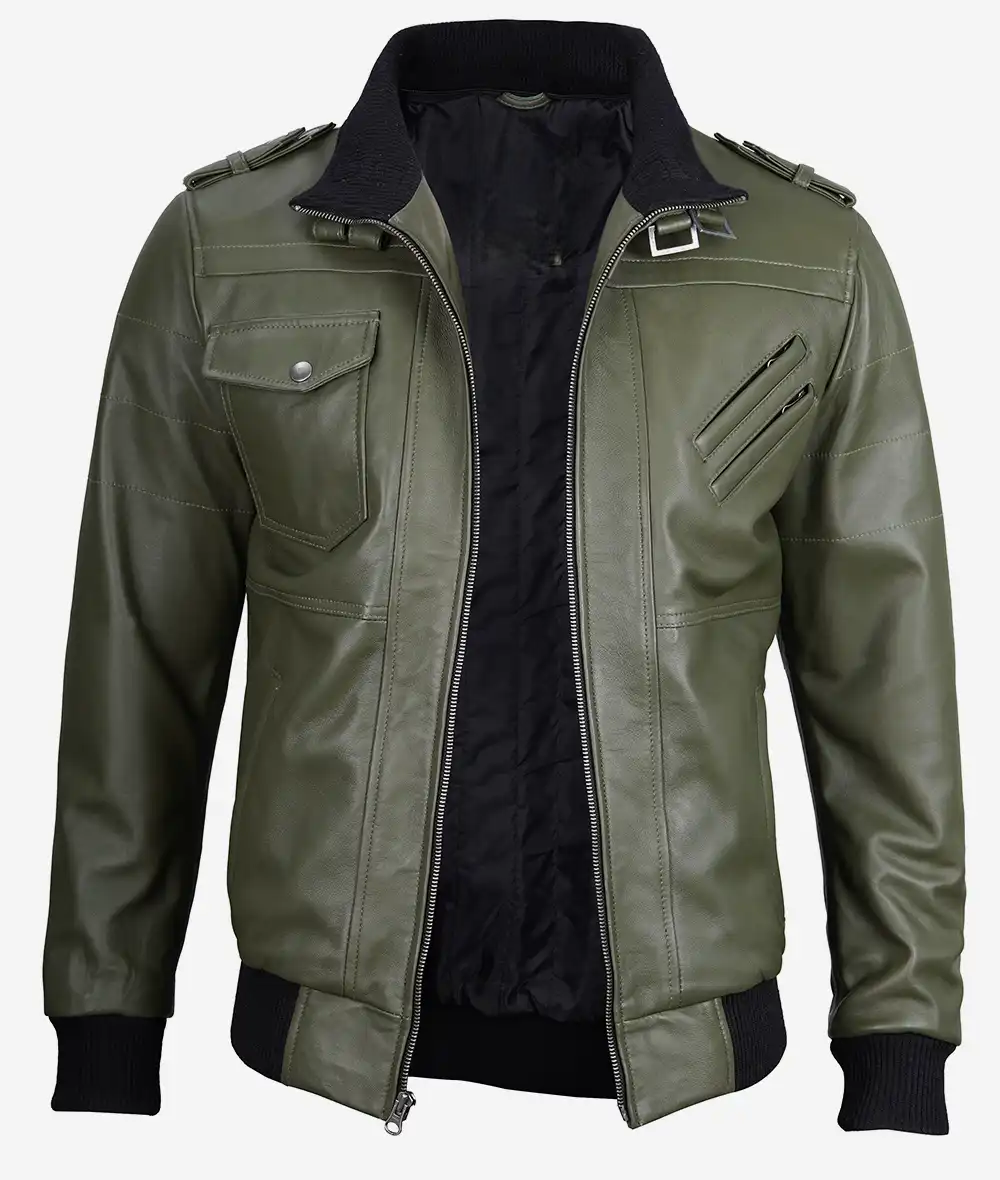 Men's Olive Green Bomber Leather Jacket - Image 3
