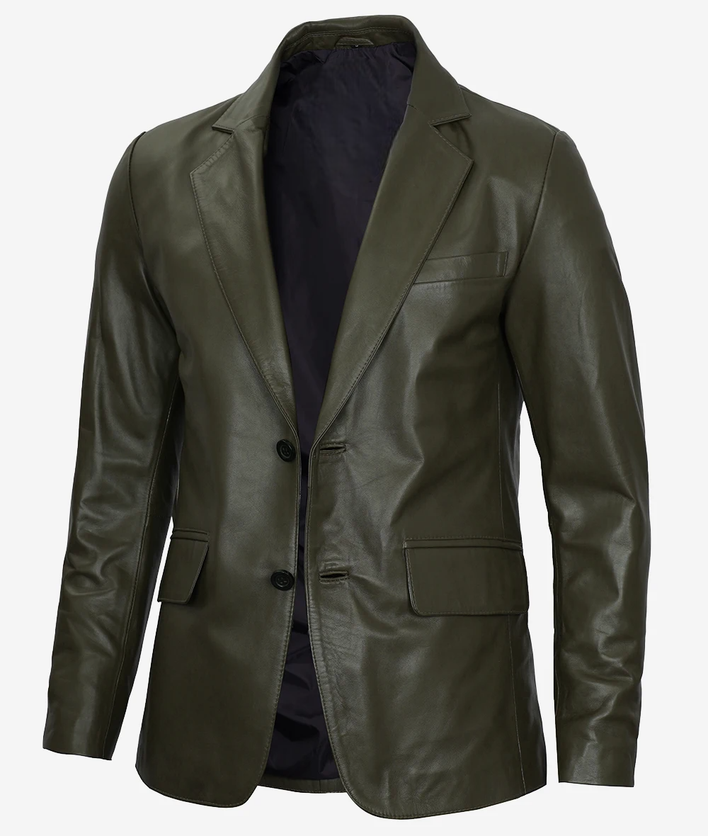 Mens Olive Green Two Button Leather Blazer - Image 2