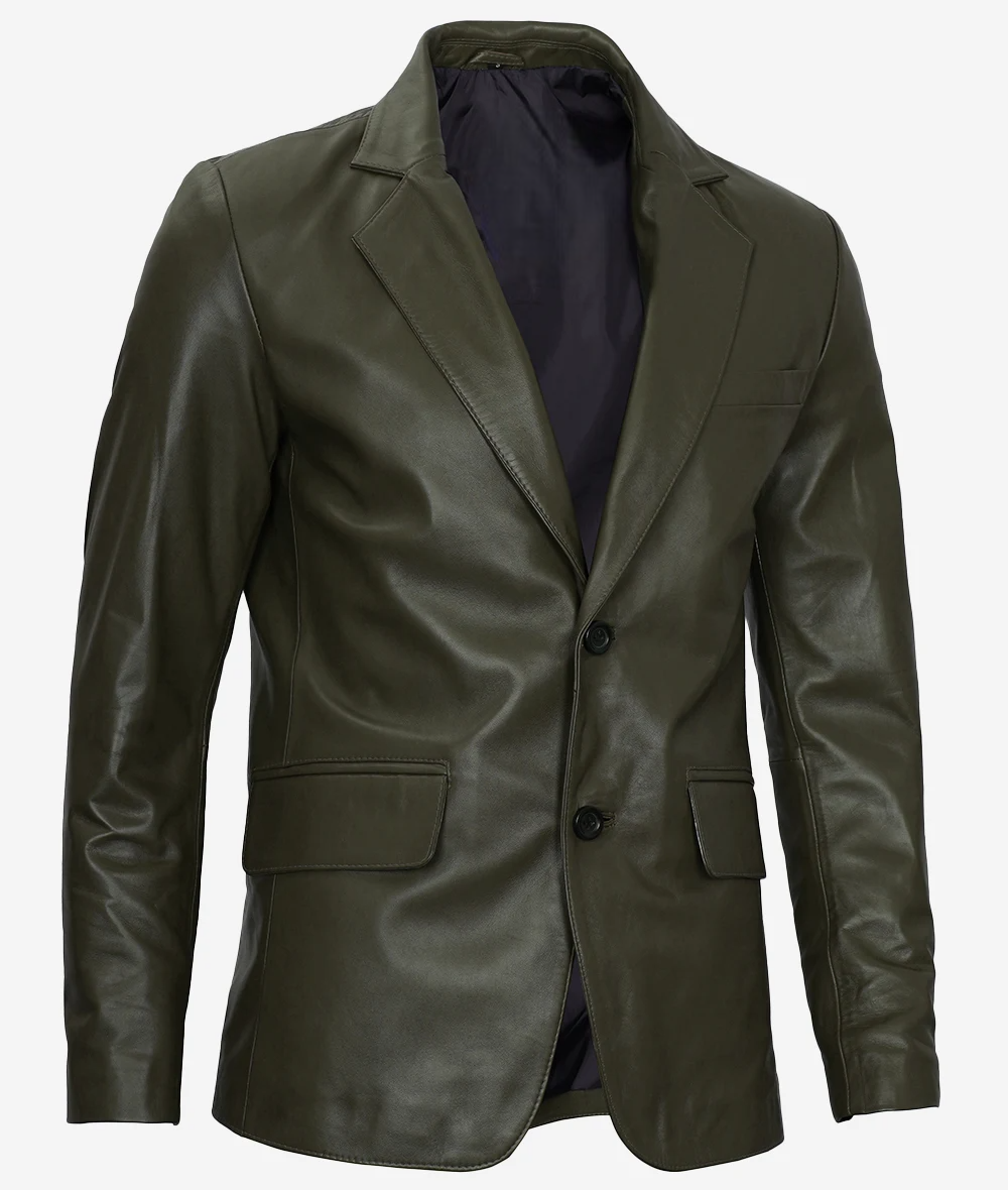 Mens Olive Green Two Button Leather Blazer - Image 4
