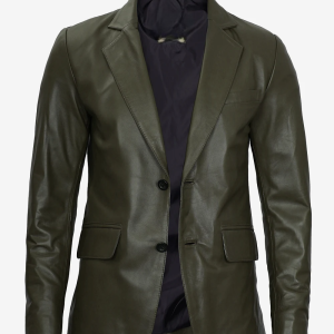 Mens Olive Green Two Button Leather Blazer