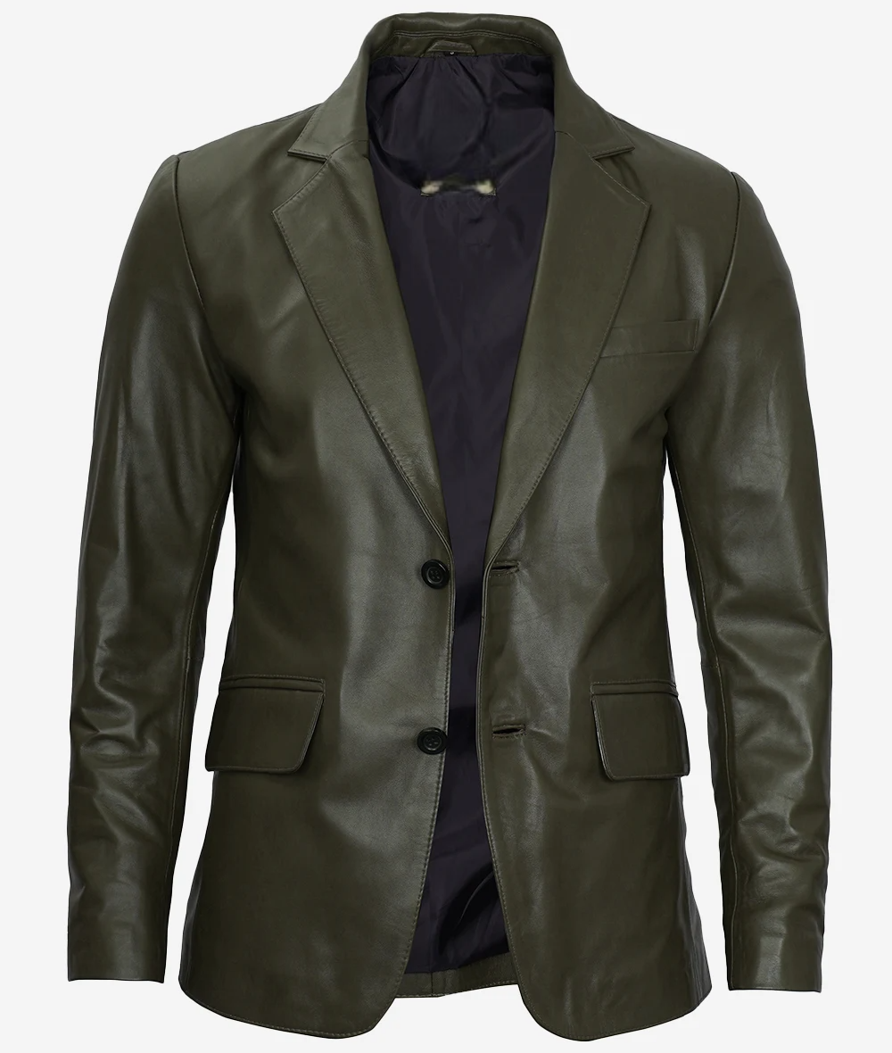 Mens Olive Green Two Button Leather Blazer