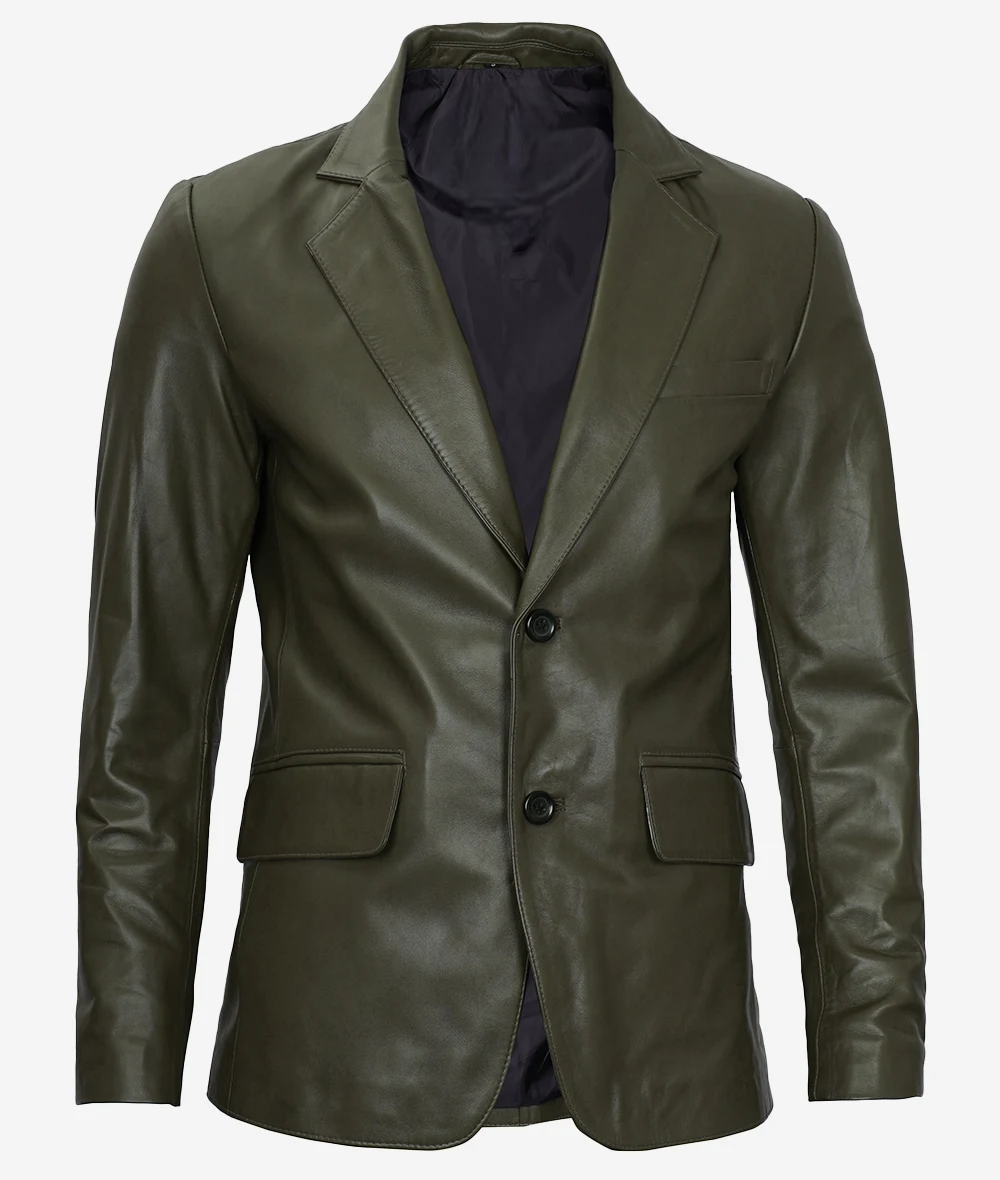 Mens Olive Green Two Button Leather Blazer - Image 3