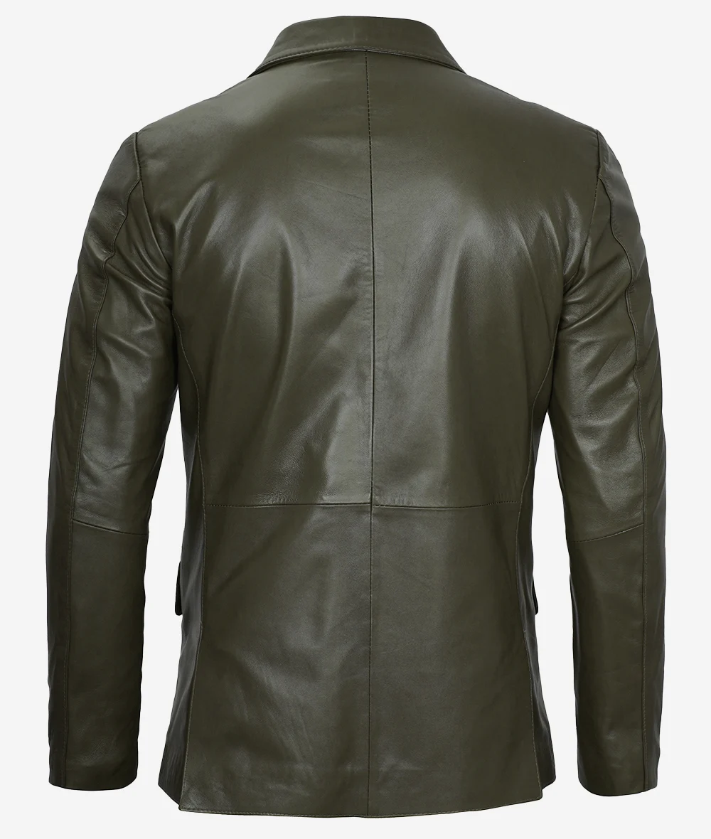 Mens Olive Green Two Button Leather Blazer - Image 5