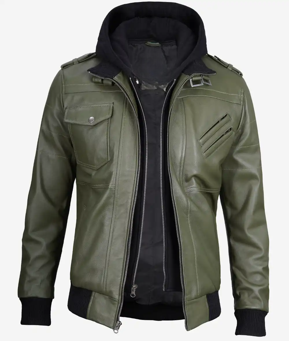 Men's Olive Green Bomber Leather Jacket