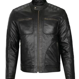 Mens Padded Shoulder Black Leather Jacket