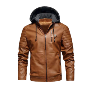 Men's Padded Shoulders Hooded Leather Jacket
