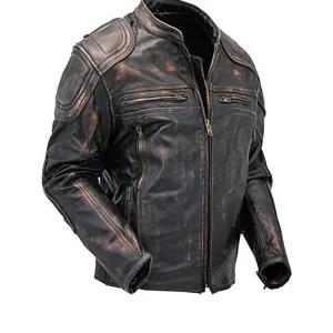Mens Quilted Distressed Brown Leather Jacket