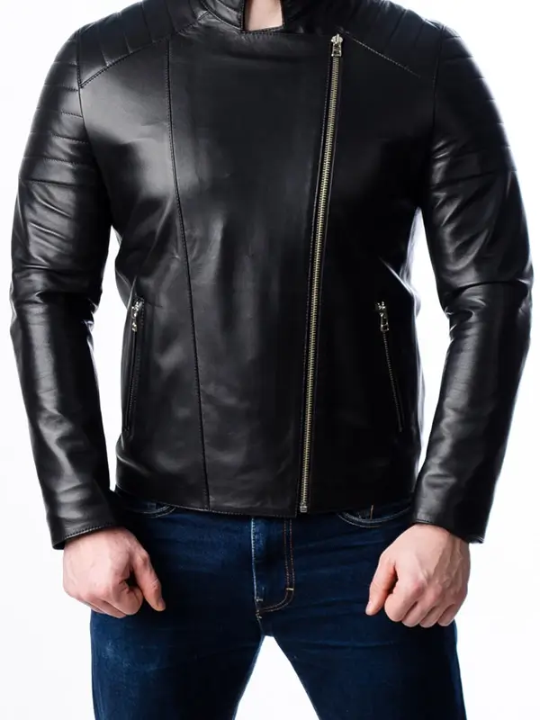Mens Quilted Moto Black Leather Jacket - Image 3