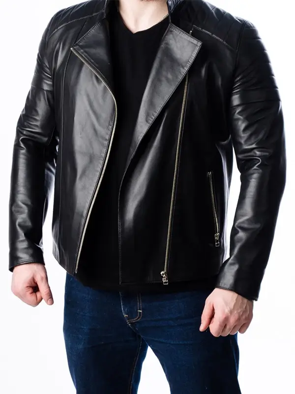 Mens Quilted Moto Black Leather Jacket - Image 2