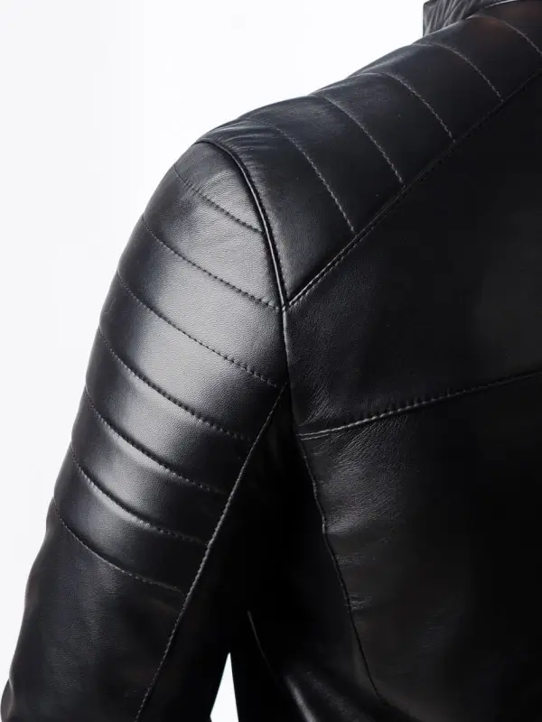 Mens Quilted Moto Black Leather Jacket - Image 6