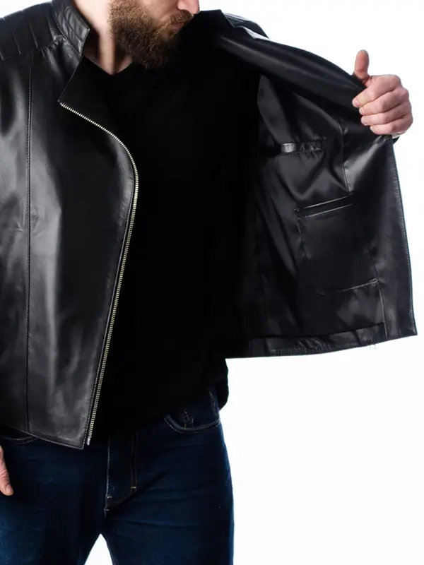 Mens Quilted Moto Black Leather Jacket - Image 5