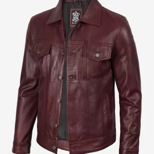 Alternative view of Men's Real Lambskin Leather Burgundy Trucker Jacket
