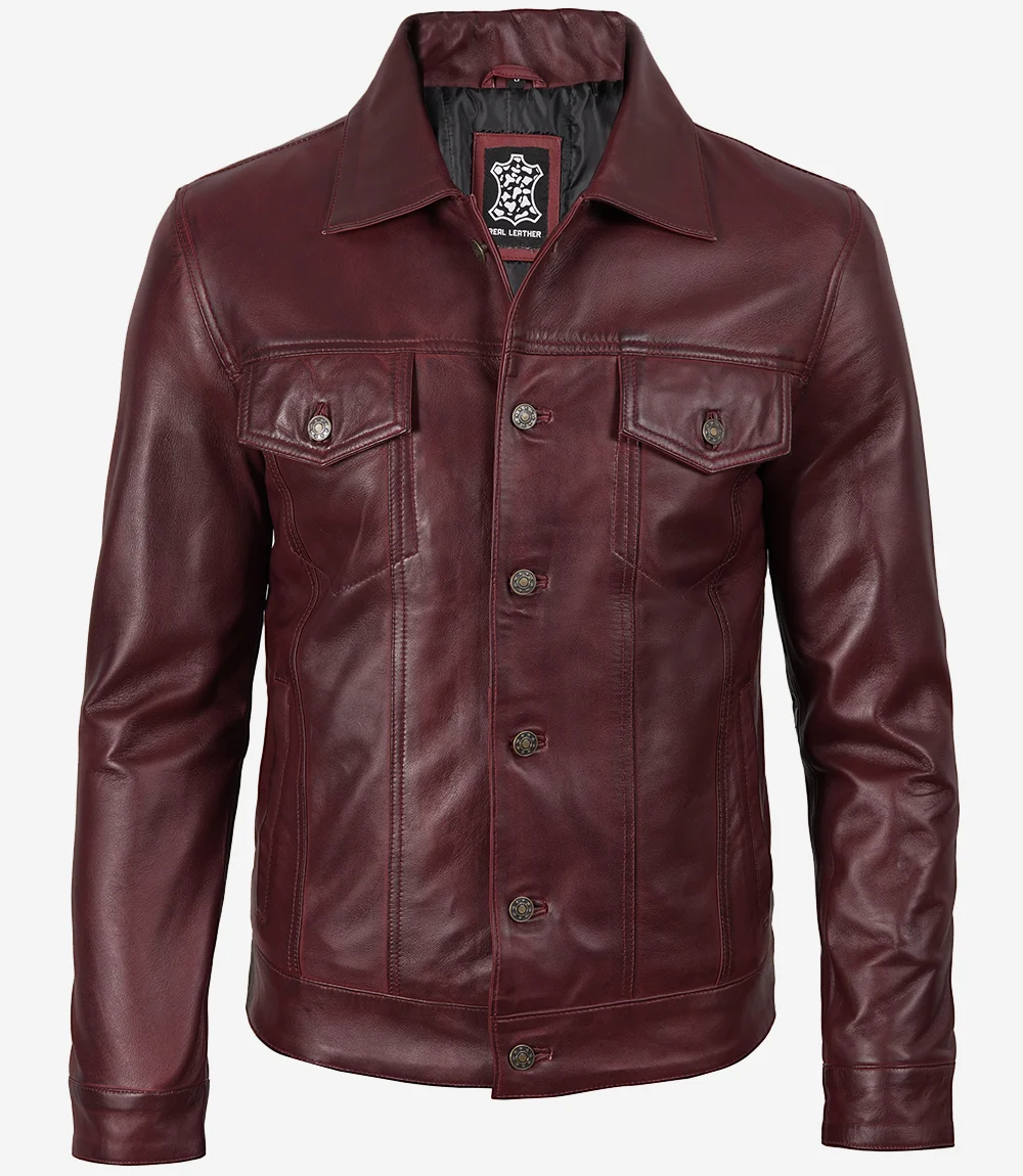 Men's Real Lambskin Leather Burgundy Trucker Jacket - Image 3