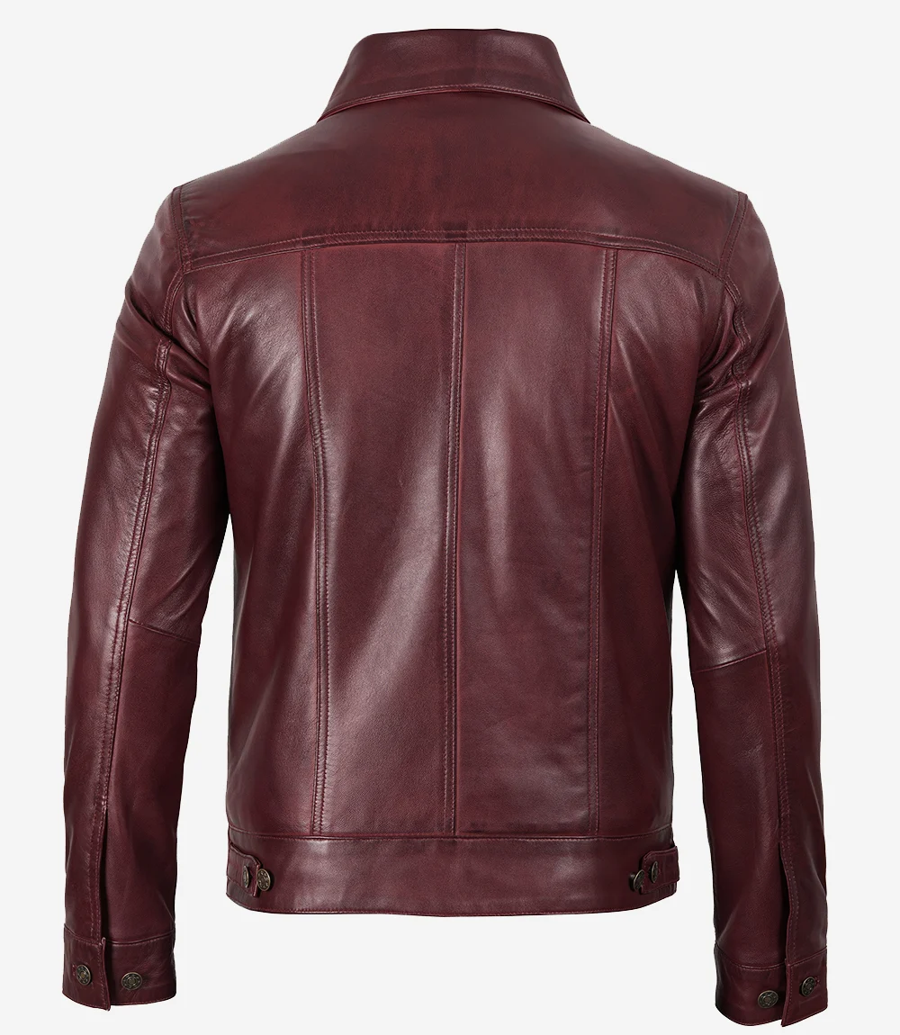 Men's Real Lambskin Leather Burgundy Trucker Jacket - Image 4