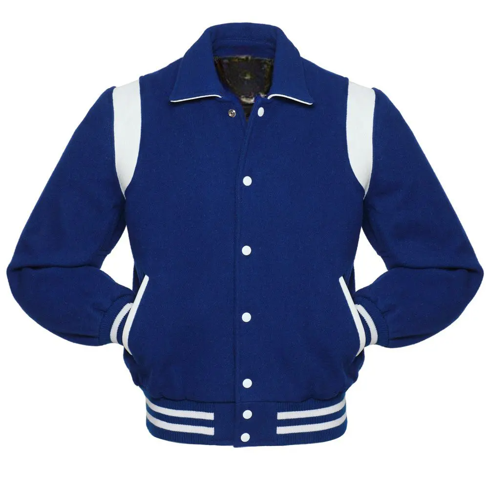 Mens Royal Blue Wool White Strip Varsity Jacket