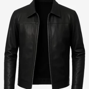 Men's Shirt Style Collar Black Leather Jacket