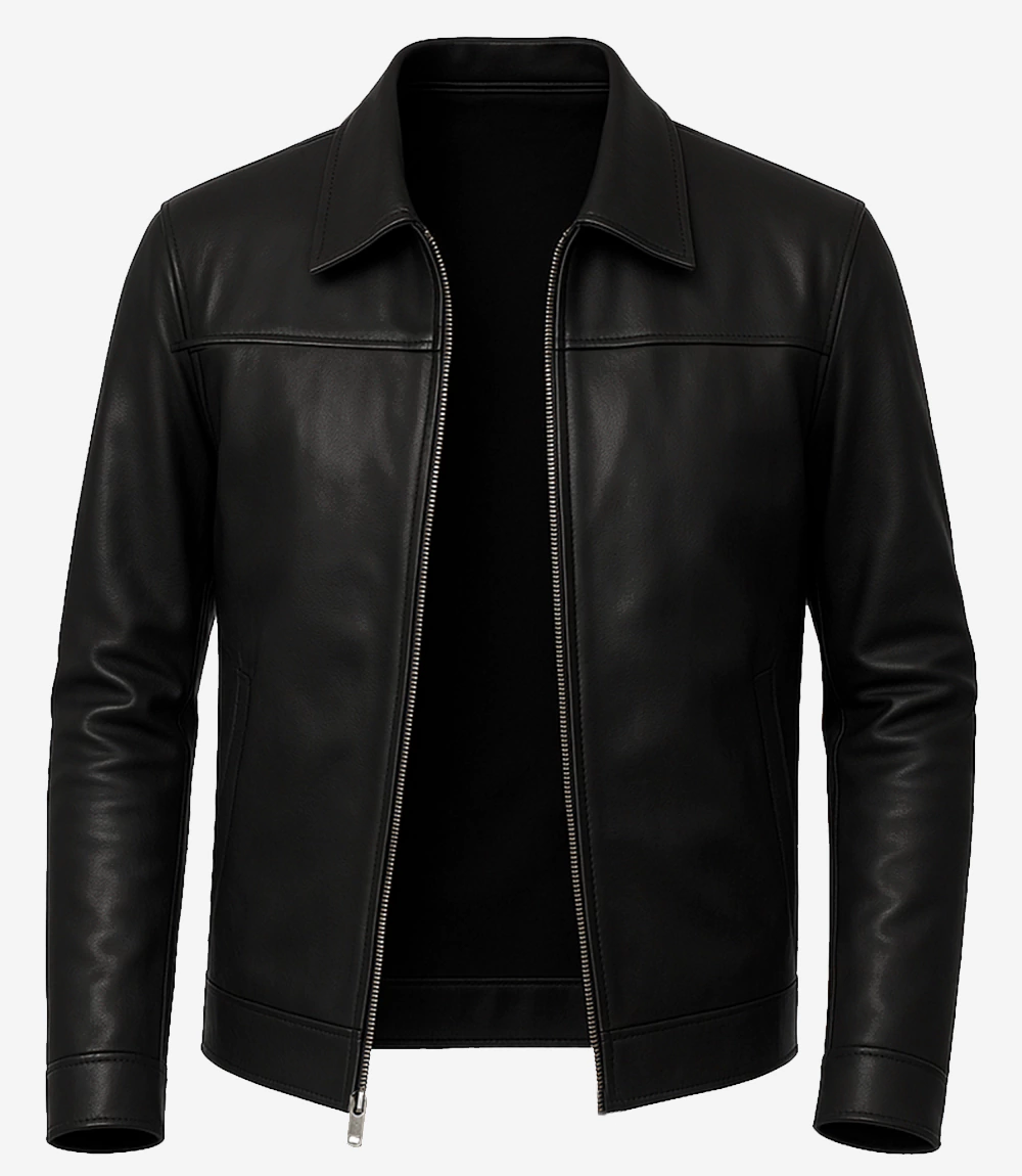 Men's Shirt Style Collar Black Leather Jacket