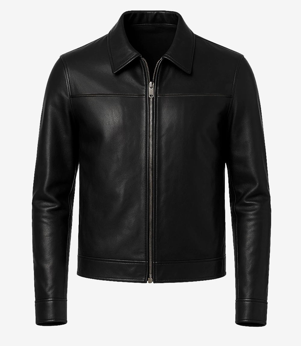 Men's Shirt Style Collar Black Leather Jacket - Image 2