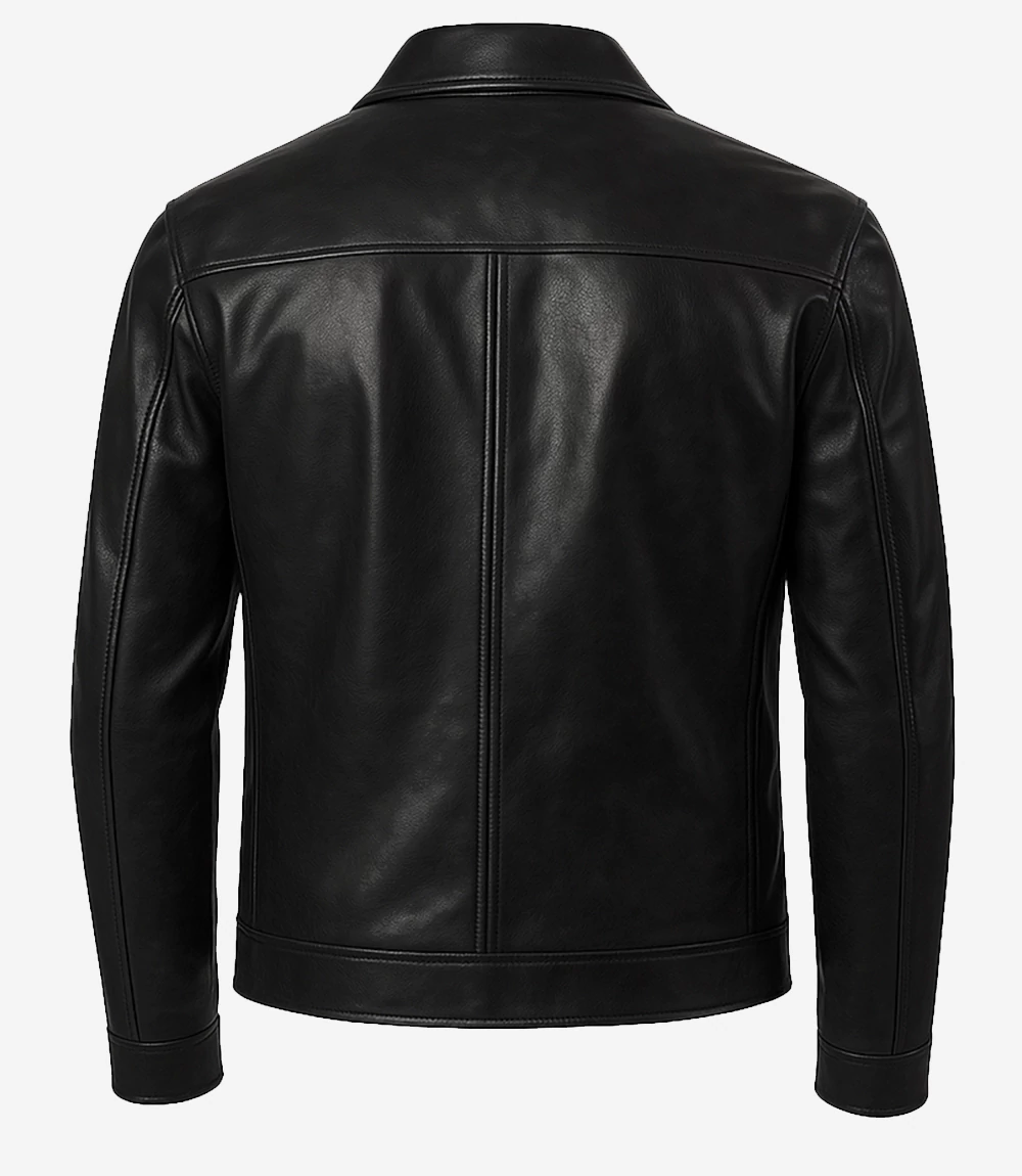 Men's Shirt Style Collar Black Leather Jacket - Image 4