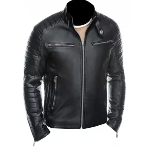 Mens Slim Fit Padded Black Leather Jacket