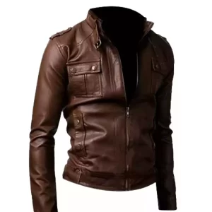 Alternative view of Men Slimfit Brown Strap Pocket Biker Jacket