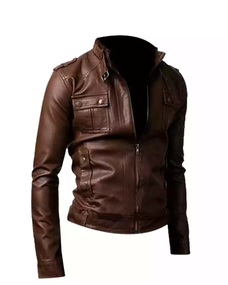 Men Slimfit Brown Strap Pocket Biker Jacket - Image 2