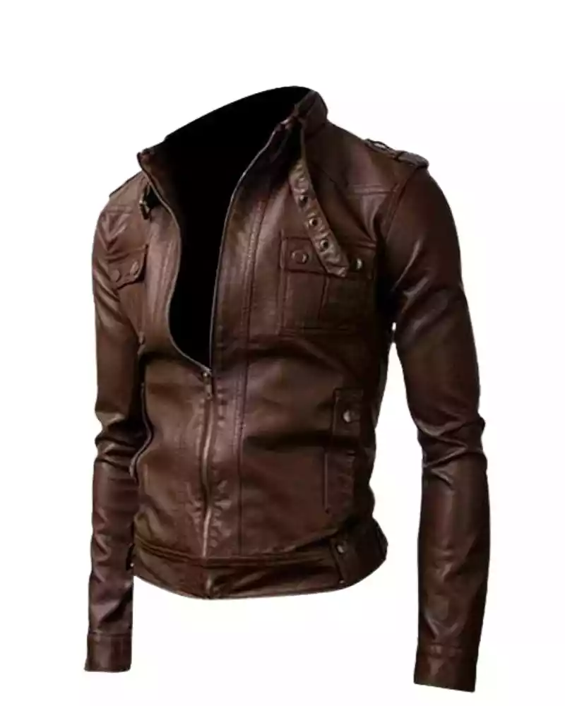Men Slimfit Brown Strap Pocket Biker Jacket - Image 3