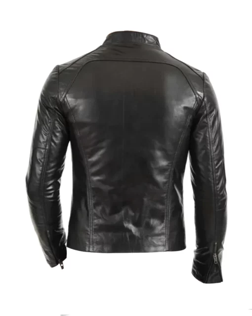 Stylish Black Leather Cafe Racer Jacket - Image 2