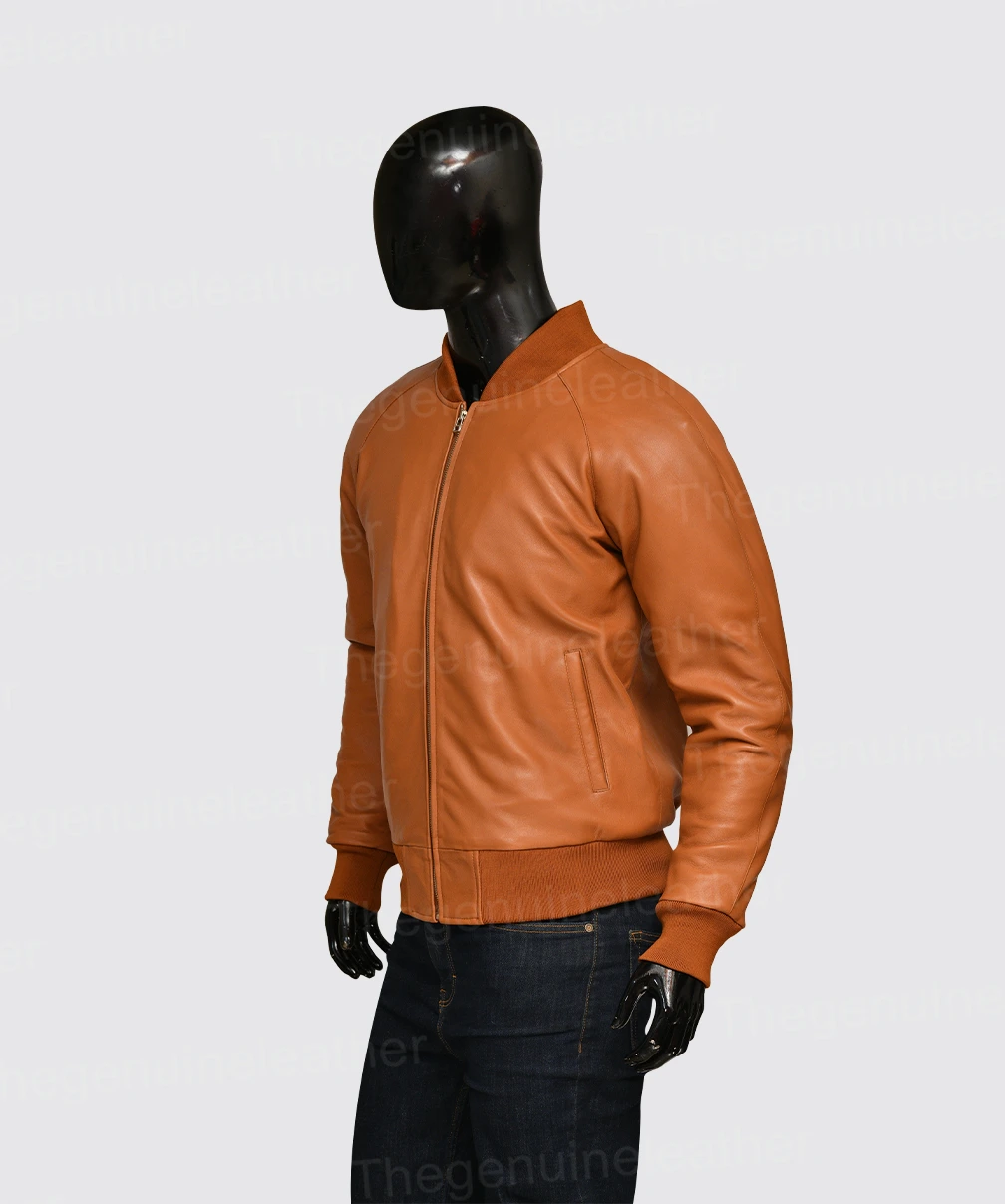 Mens Tan Brown Bomber Jacket - Image 3