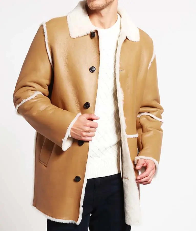Men Tan Brown Shearling Coat - Image 4