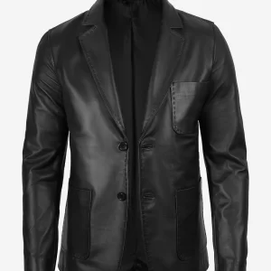 Men Two Button Black Leather Blazer Notch Lapel