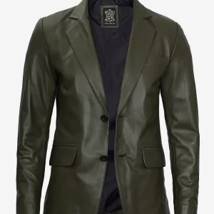 Mens Two Button Olive Green Leather Blazer