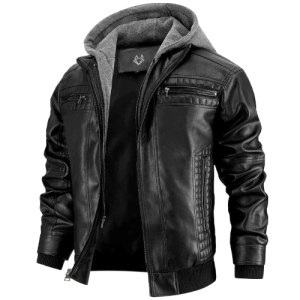 Mens Warm Bomber Hooded Leather Jacket
