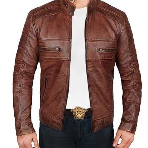 Alternative view of Men Brown Distressed Biker Jacket