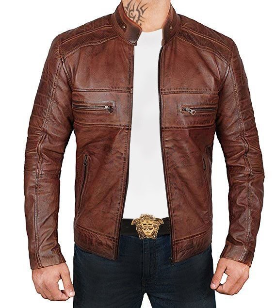 Men Brown Distressed Biker Jacket - Image 2