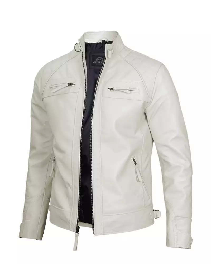 Mens Classic Cafe Racer Biker Quilted Leather Jacket - Image 5